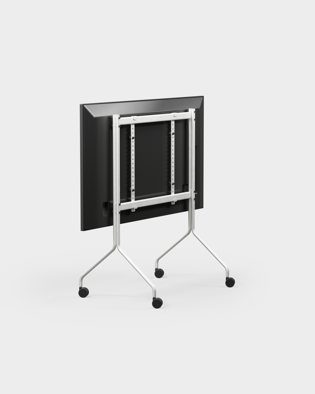 Support Moon in Cloudy Silver vu de dos en packshot studio, écran incliné à plat, cadre argenté et roulettes noires