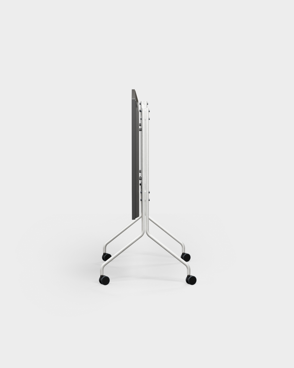 Moon in Cloudy Silver (Stands W/ Wheels) replié, vue de profil en studio, pied blanc et roulettes noires